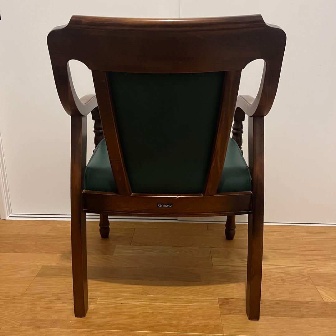 訳アリ カリモク アームチェア 緑レザー 木製椅子 キツツキ　廃盤品　送料込み③