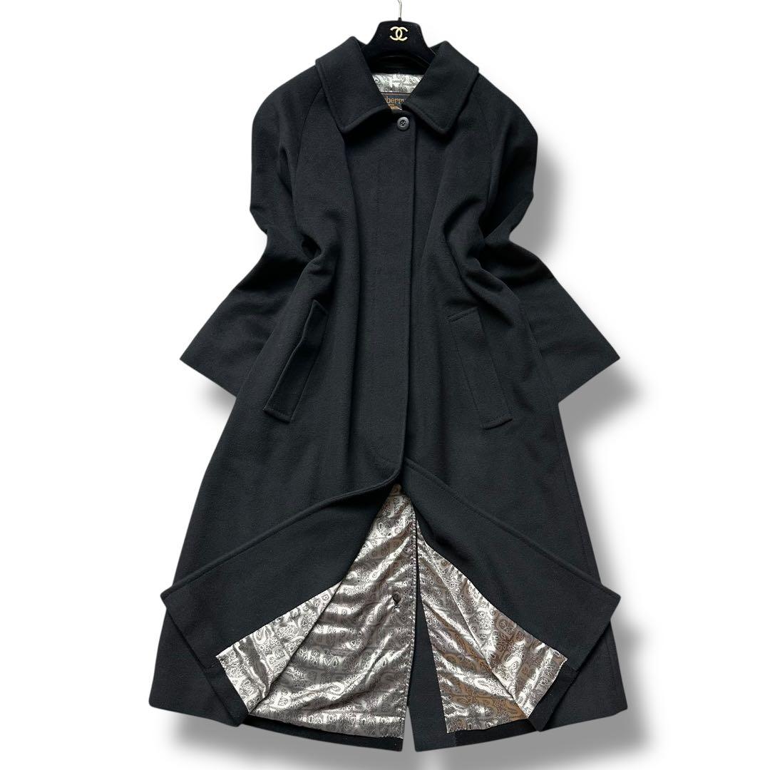 XL相当 ピュアカシミヤ バーバリーズ ステンカラーコート ロング 総柄 黒