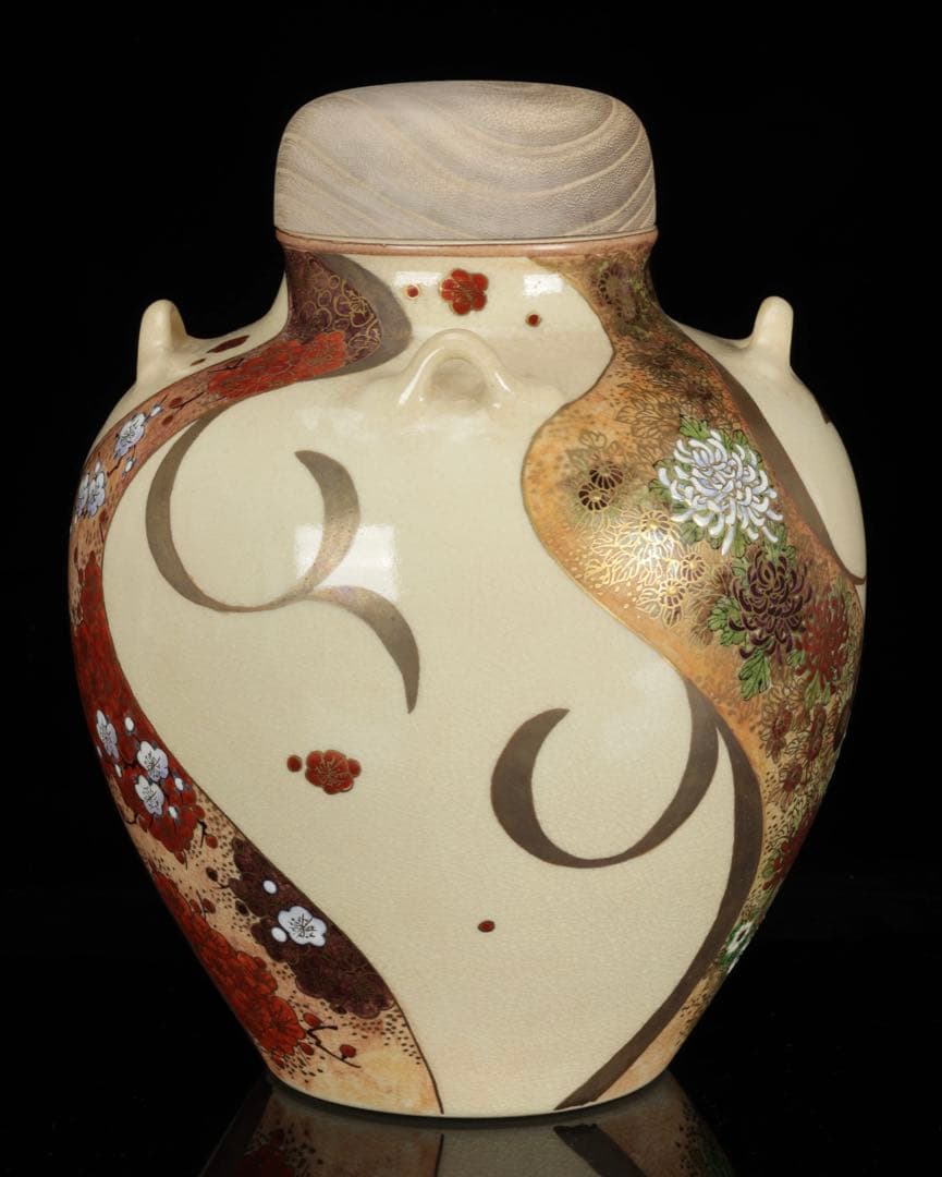 薩摩焼 【中野静鳳】茶道具 四君子絵 茶壺 飾壷 34㎝ 共箱付 古美術 骨董品