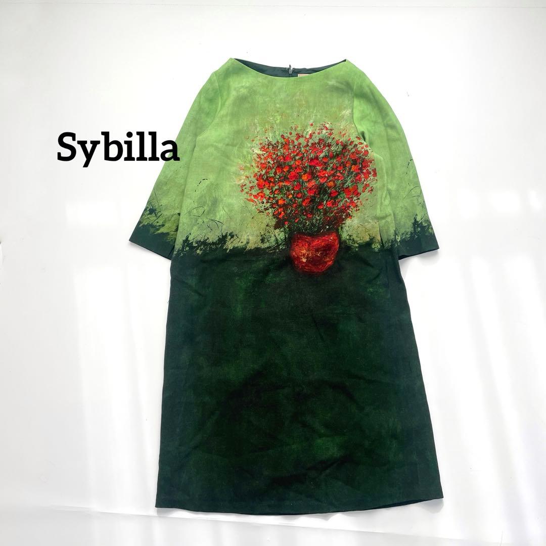 【美品】　シビラ　レッドフラワーベースプリントドレス　ウール　Mサイズ