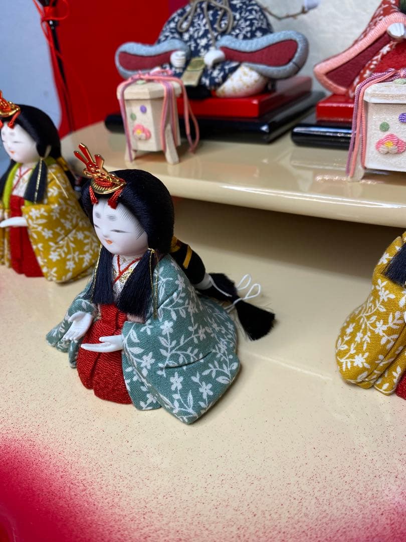 雛人形　草園作　木目込人形　親王五人飾り桜型台