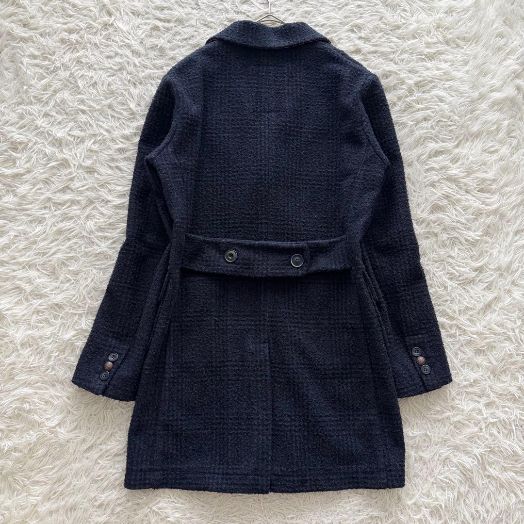 【BOB ボブ】チェスターコート　ロング　ダブル　チェック柄　紺 金ボタン　M