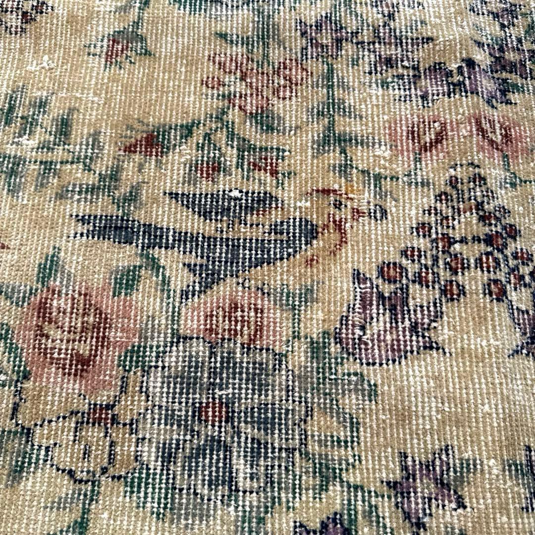 貴重116×190幸せの青い鳥　birdラグボタニカル　トルコヴィンテージラグ