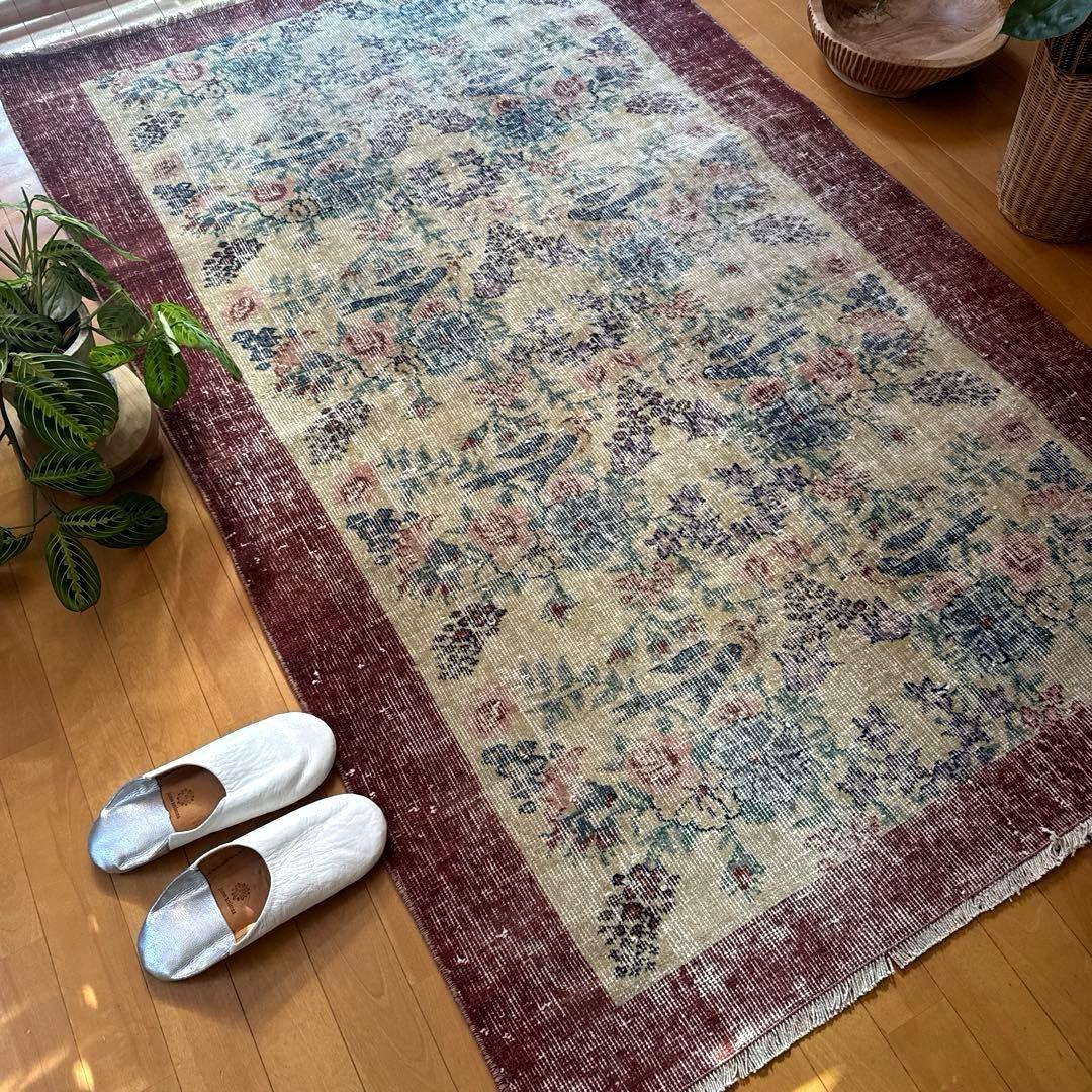 貴重116×190幸せの青い鳥　birdラグボタニカル　トルコヴィンテージラグ