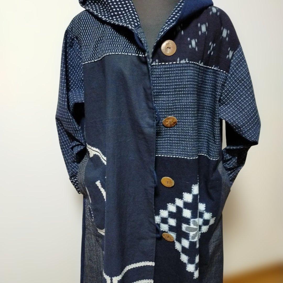 古布リメイク印半纏、絵絣、型染、縞木綿からフ―ドロングコート　　お値下げしました