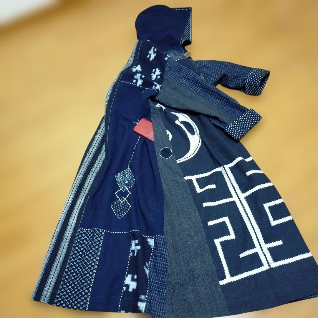 古布リメイク印半纏、絵絣、型染、縞木綿からフ―ドロングコート　　お値下げしました