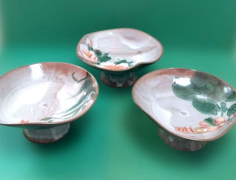 希少✨【土淵陶あん】足付き　皿　色絵付け　3個セット