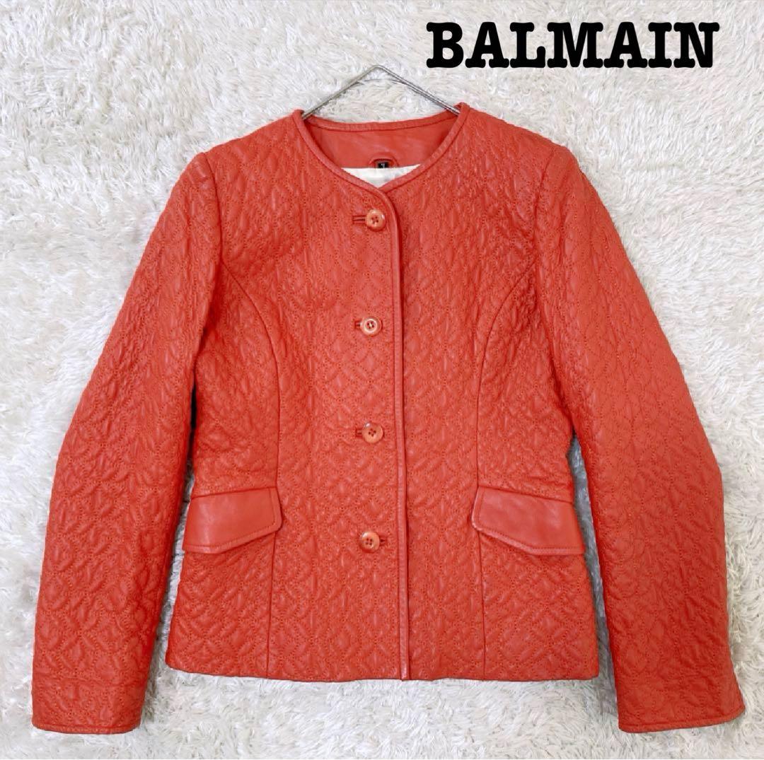 BALMAIN ラムレザージャケット ノーカラー キルティング 花柄