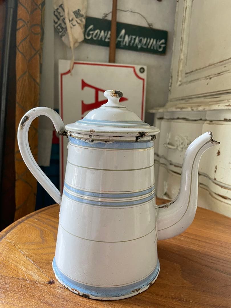 Kアンティーク　ホーロー　ポット　エトワール社　ライトブルー　ホワイト