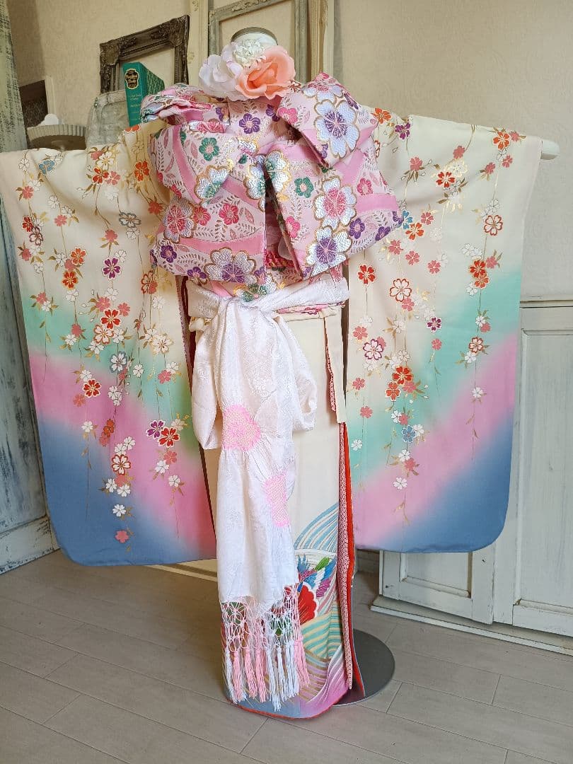 上級品☆正絹☆誂え☆クリーム色の着物に作り帯セット☆七五三７歳ハーフ成人式