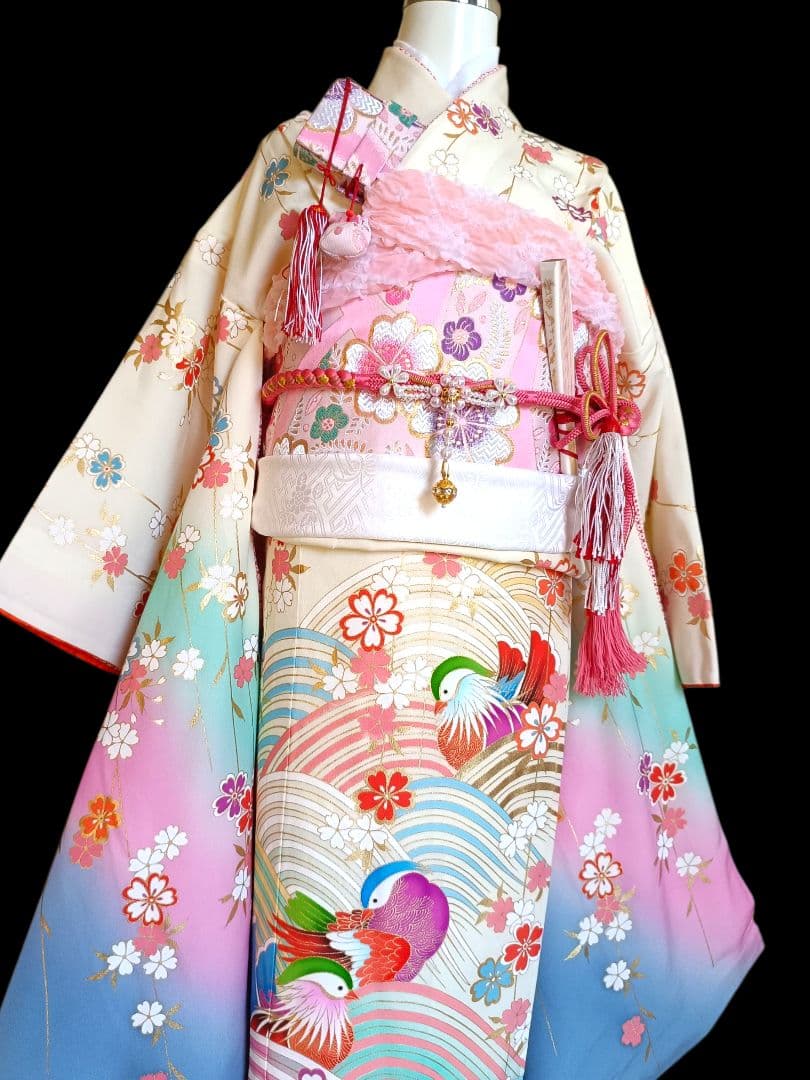 上級品☆正絹☆誂え☆クリーム色の着物に作り帯セット☆七五三７歳ハーフ成人式