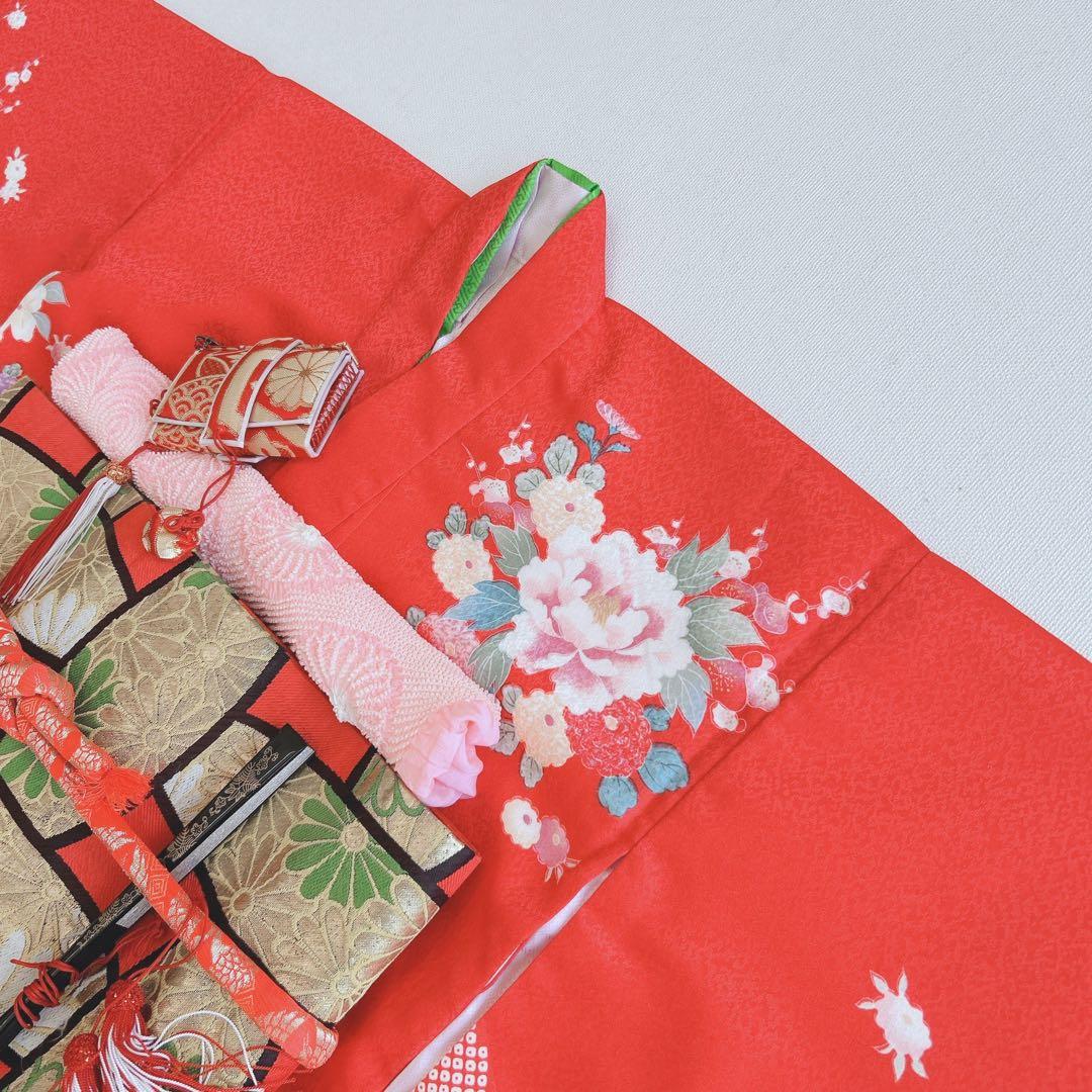 七五三美品フルセット７歳女の子新品未使用着物長襦袢丸帯草履バッグ小物化繊赤地菊梅
