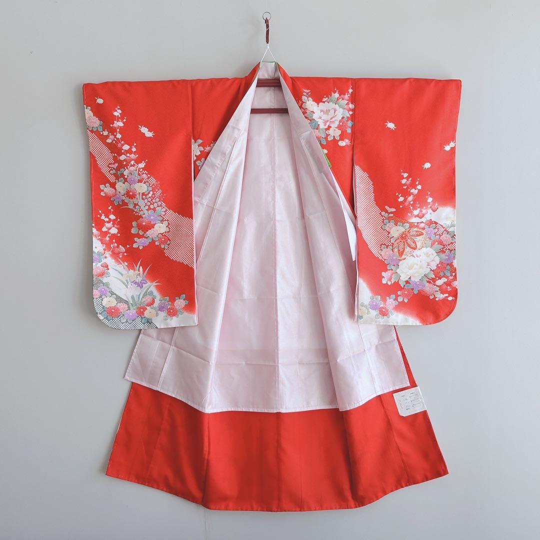 七五三美品フルセット７歳女の子新品未使用着物長襦袢丸帯草履バッグ小物化繊赤地菊梅