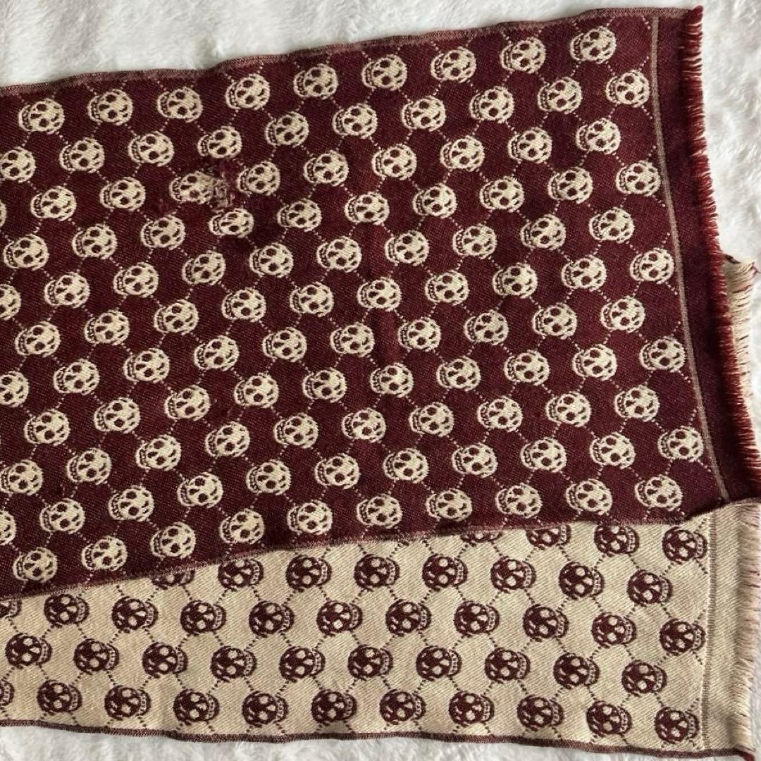 アレキサンダーマックイーン ウール スカルジャガード フリンジマフラー ブラウン