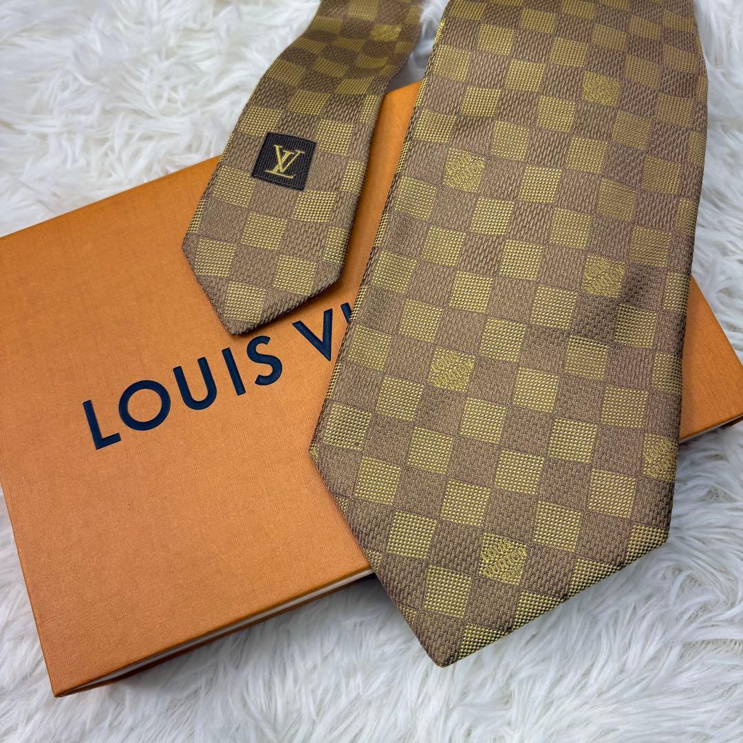 ルイヴィトン ダミエ 現行 チェック柄 シルク ネクタイ ゴールド