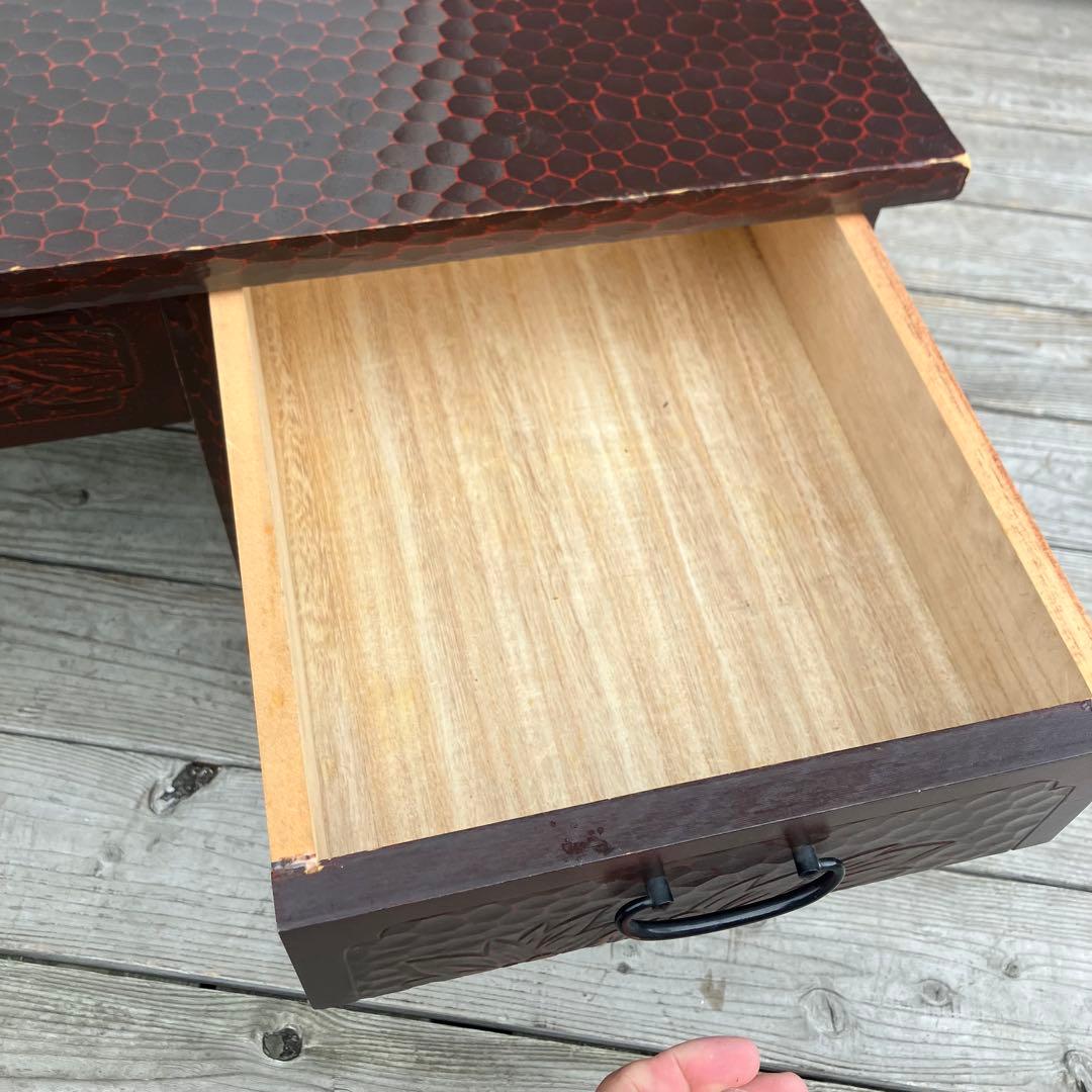 昭和レトロ 古家具 鎌倉彫 木製文机 5杯引き出し付き座卓 書斎机 ビンテージ