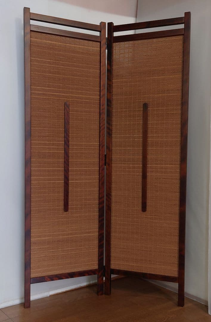 ２連衝立　折りたたみ式スクリーン　１台限定　燻し竹（竹簾）変わり織り使用