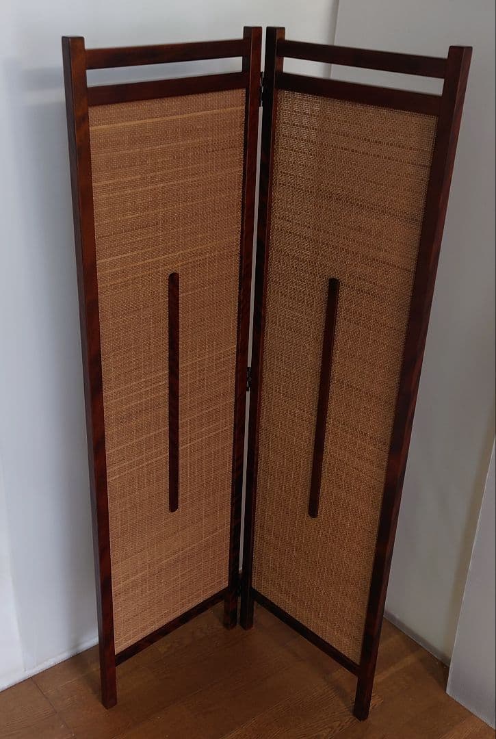 ２連衝立　折りたたみ式スクリーン　１台限定　燻し竹（竹簾）変わり織り使用