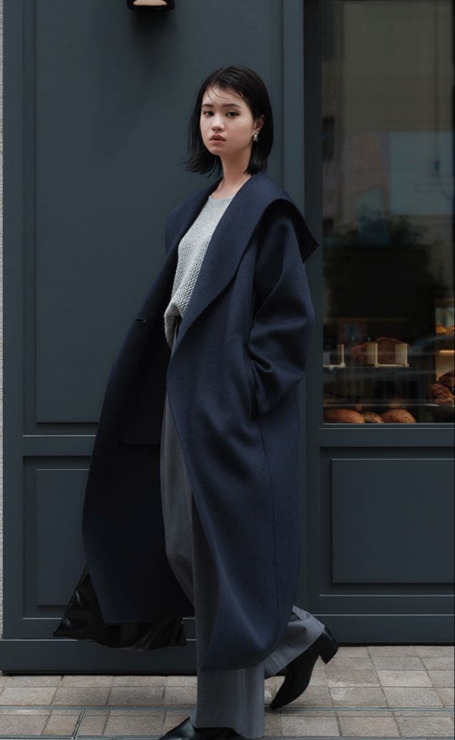 今期ウールブレンドリバーフーディーロングコート xsサイズ ネイビー