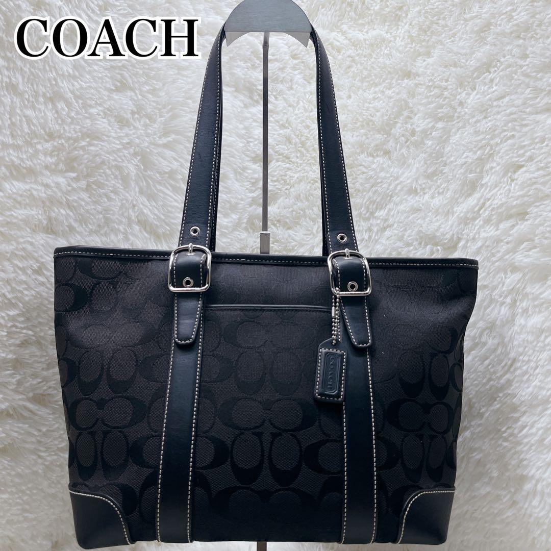 美品 COACH コーチ トートバッグ シグネチャーキャンバス6042 ブラック