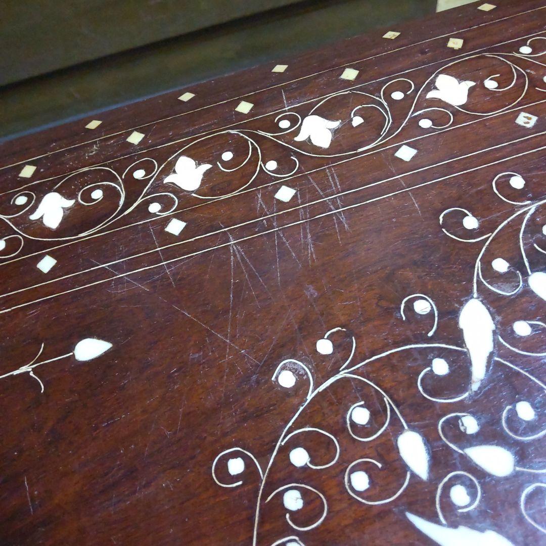 木製テーブル 象嵌細工 ダークブラウン