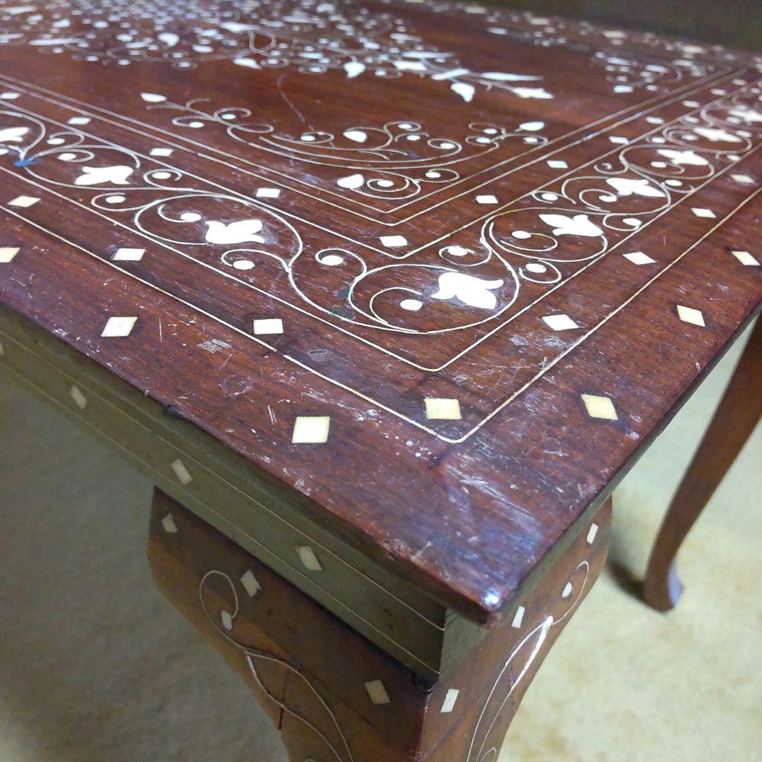 木製テーブル 象嵌細工 ダークブラウン