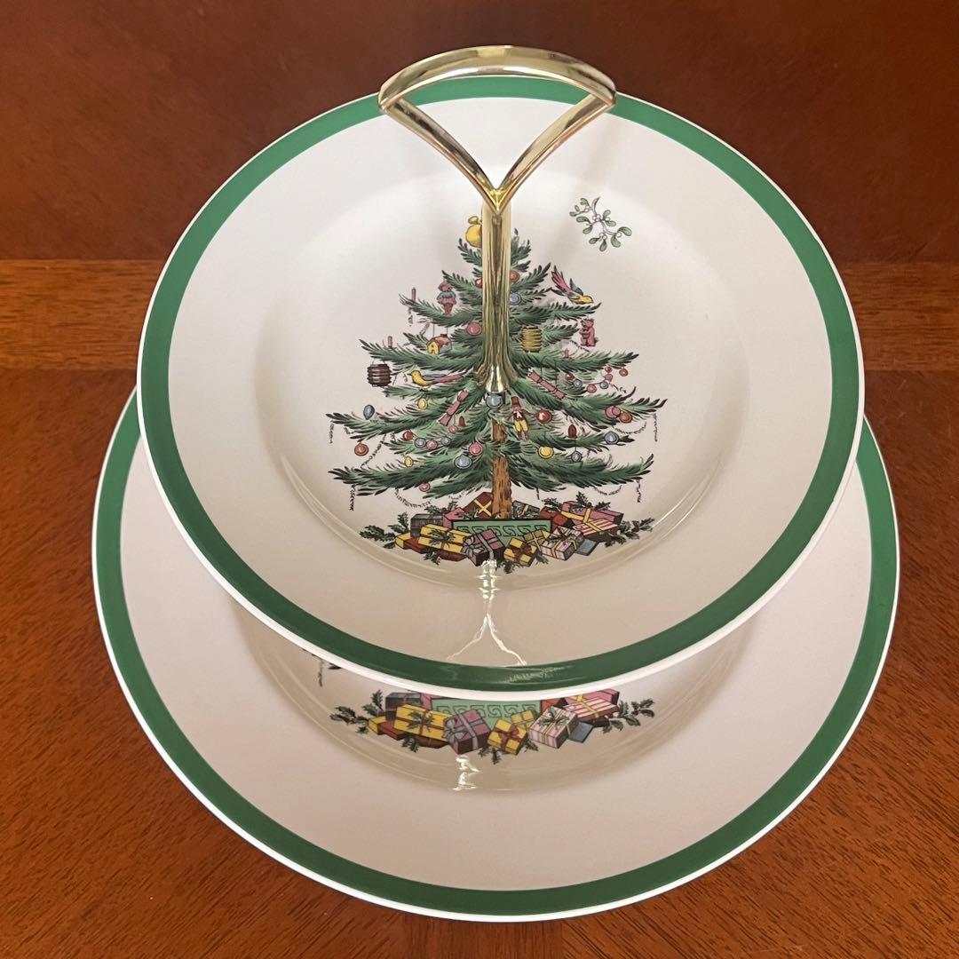 【美品】英国製　スポード ★クリスマスツリー★2段ケーキスタンド