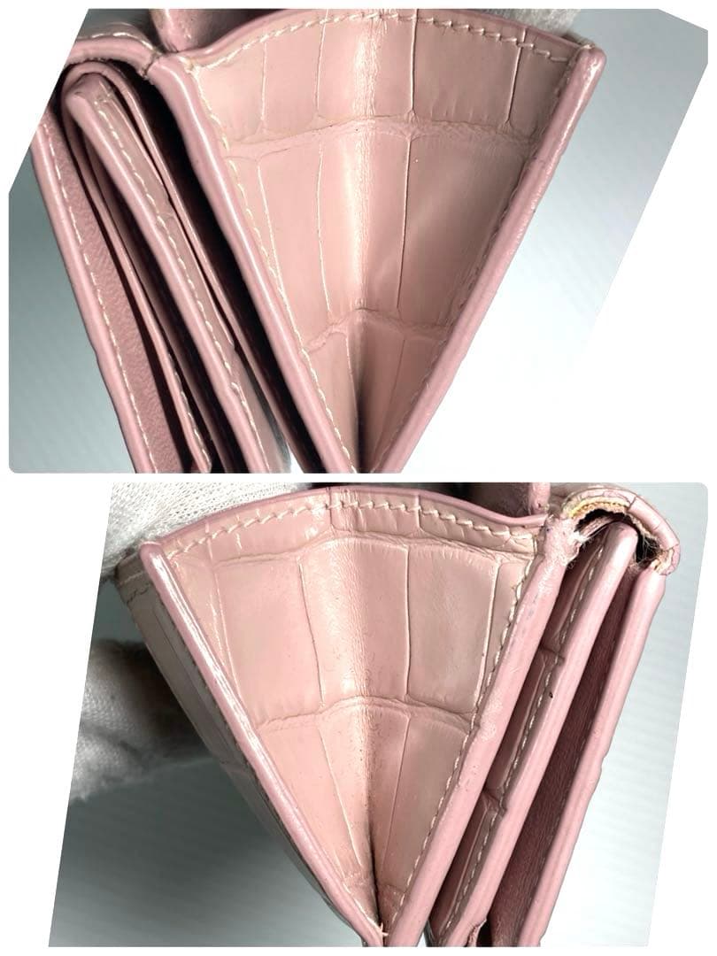 バレンシアガ　アワーグラス　クロコ型押し　レザー　三つ折り財布　Bロゴ　ピンク