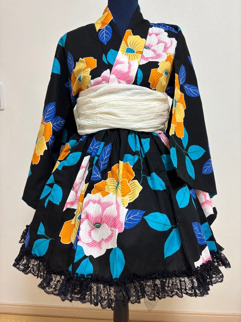 創作】オリジナル浴衣 ミニ丈 浴衣ドレス兵児帯セット