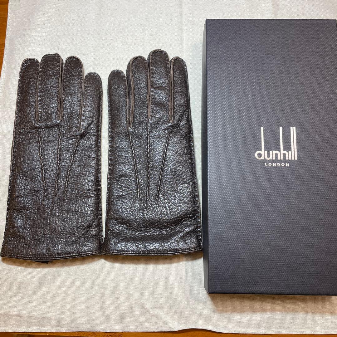 dunhill ダークブラウン レザー手袋 ペッカリー 裏カシミヤ 正規品 箱付
