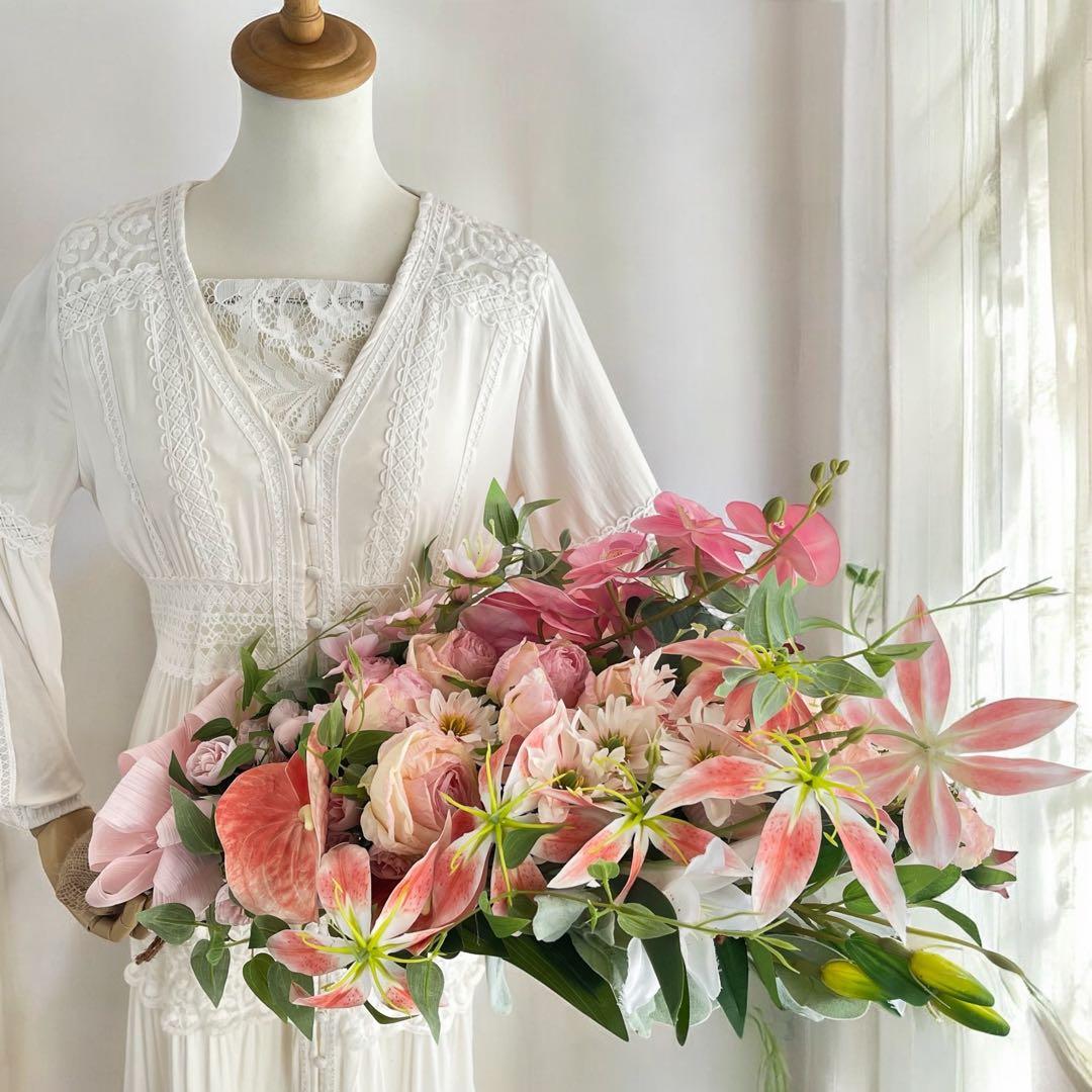 華やぎ咲く胡蝶蘭と薔薇の特大ピンクスワッグ 光触媒フラワー サマーリース 造花