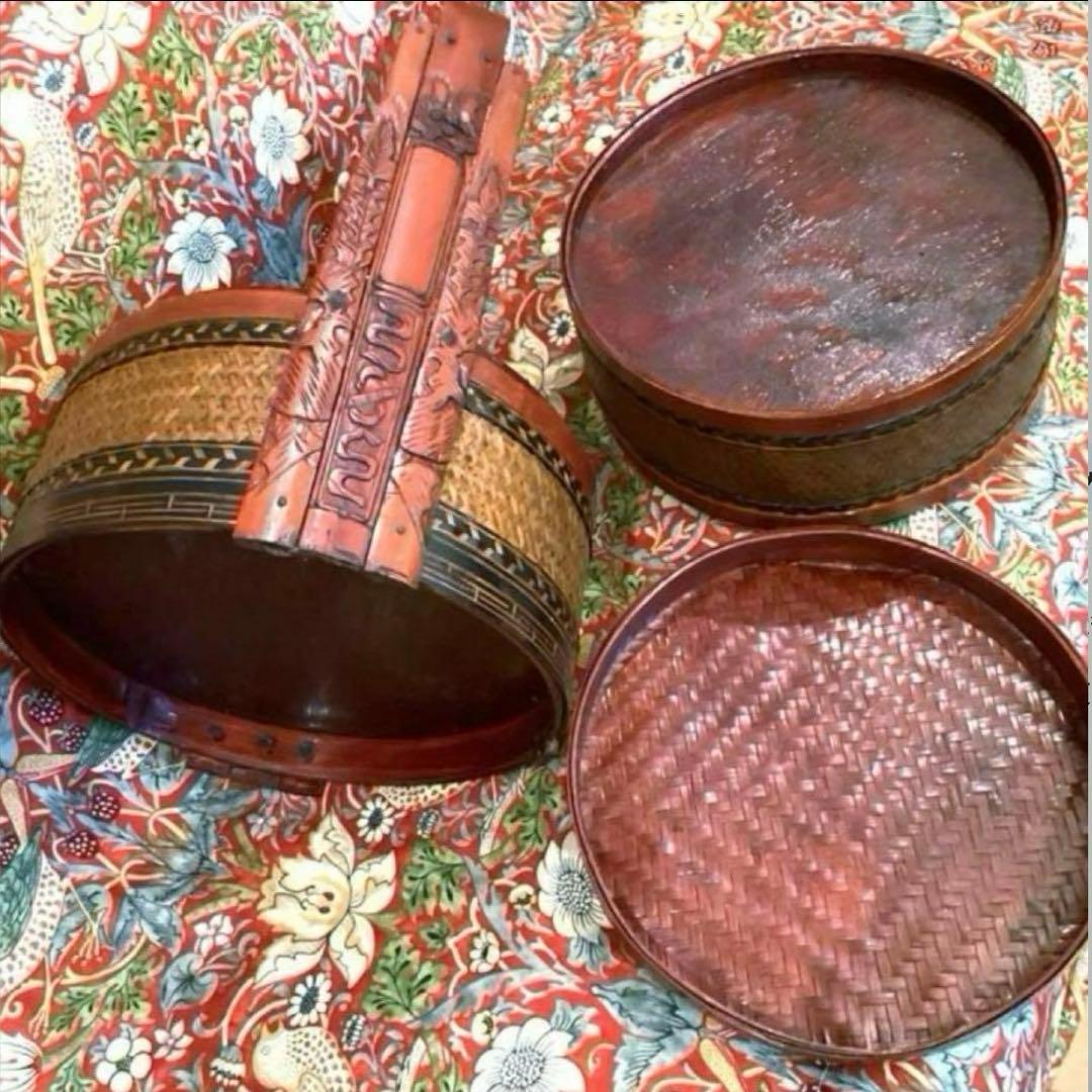 シノワズリー骨董 取手付き二段大茶籠 アンティーク