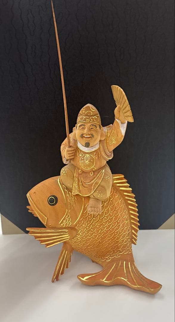 魚上　恵比寿　楠淡彩　木像　置物　アンティーク　縁起物