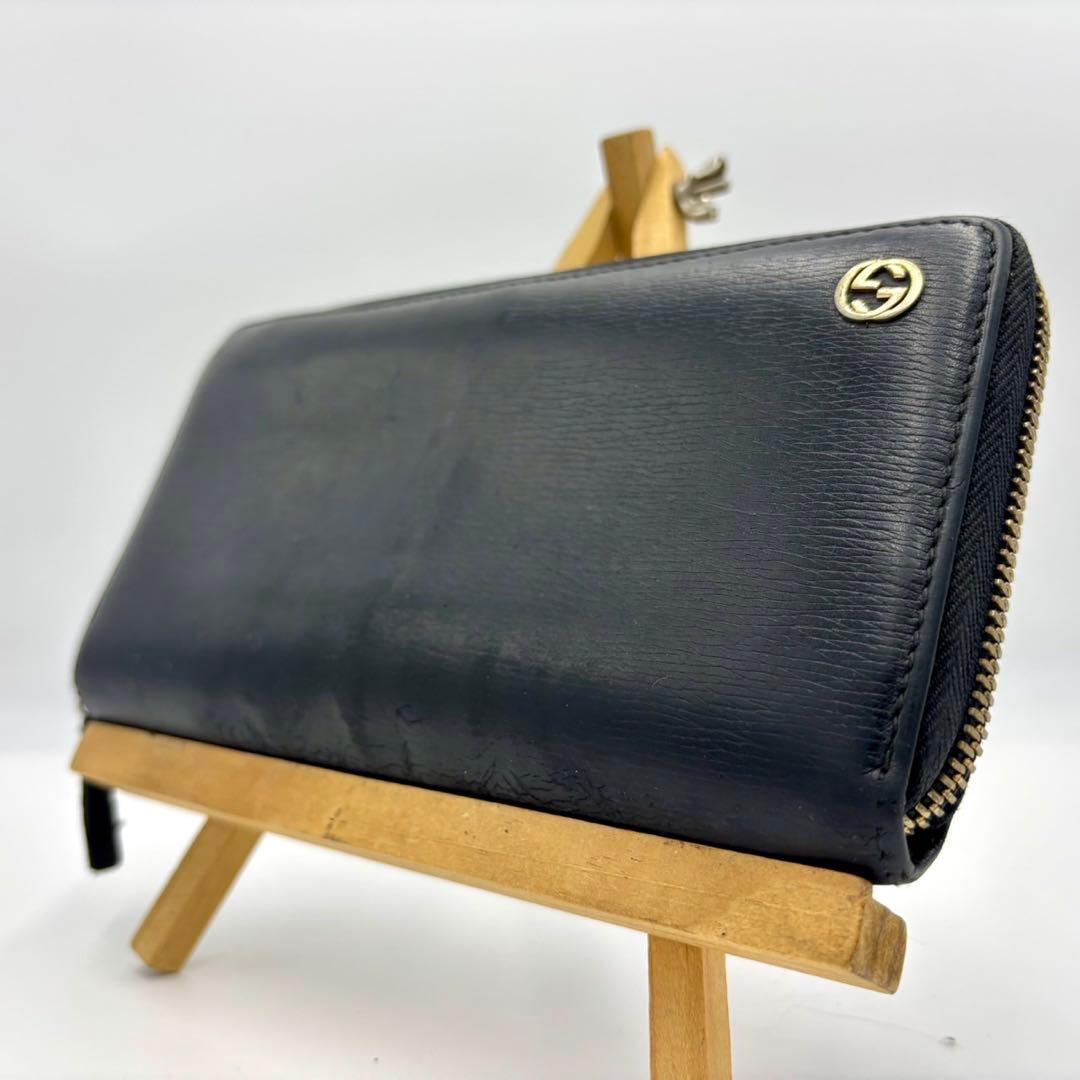 GUCCI グッチ 長財布 ラウンドジップ インターロッキング レザー ブラック
