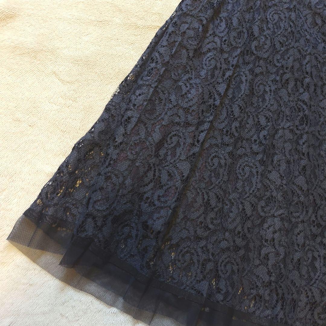 美品 ANAYI アナイ ジャガードレースプリーツスカート 濃ネイビー 38