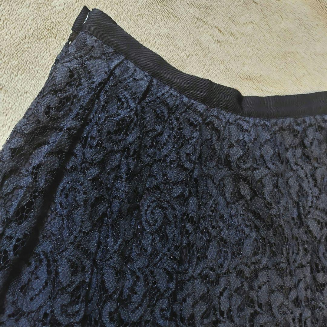 美品 ANAYI アナイ ジャガードレースプリーツスカート 濃ネイビー 38