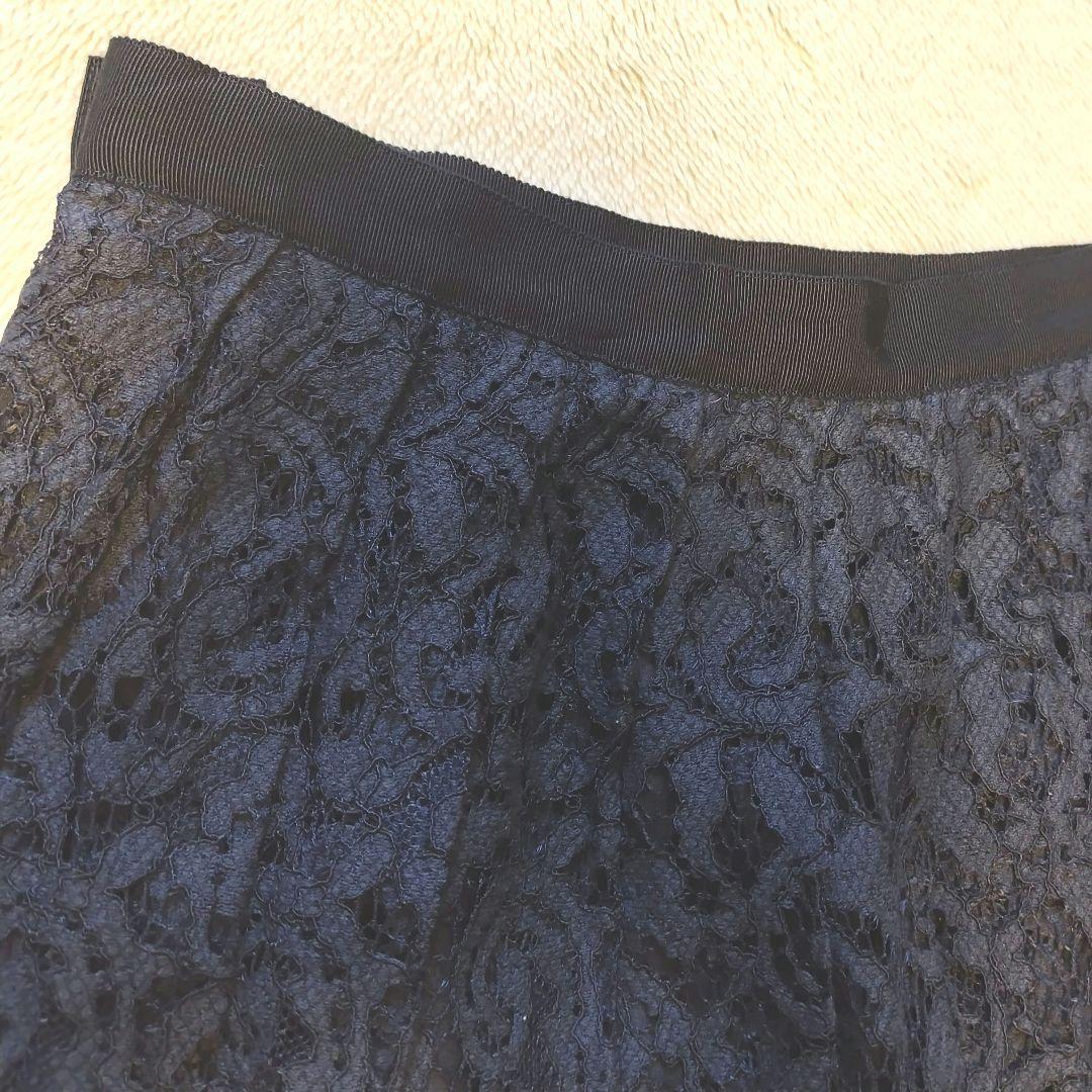 美品 ANAYI アナイ ジャガードレースプリーツスカート 濃ネイビー 38