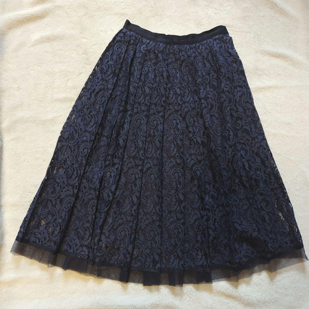 美品 ANAYI アナイ ジャガードレースプリーツスカート 濃ネイビー 38
