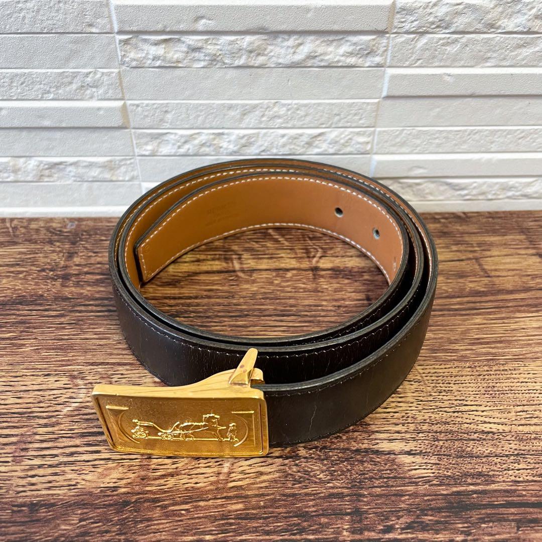 エルメス レザー 馬車金具 バックル ゴールド金具 ベルト ダークブラウン.