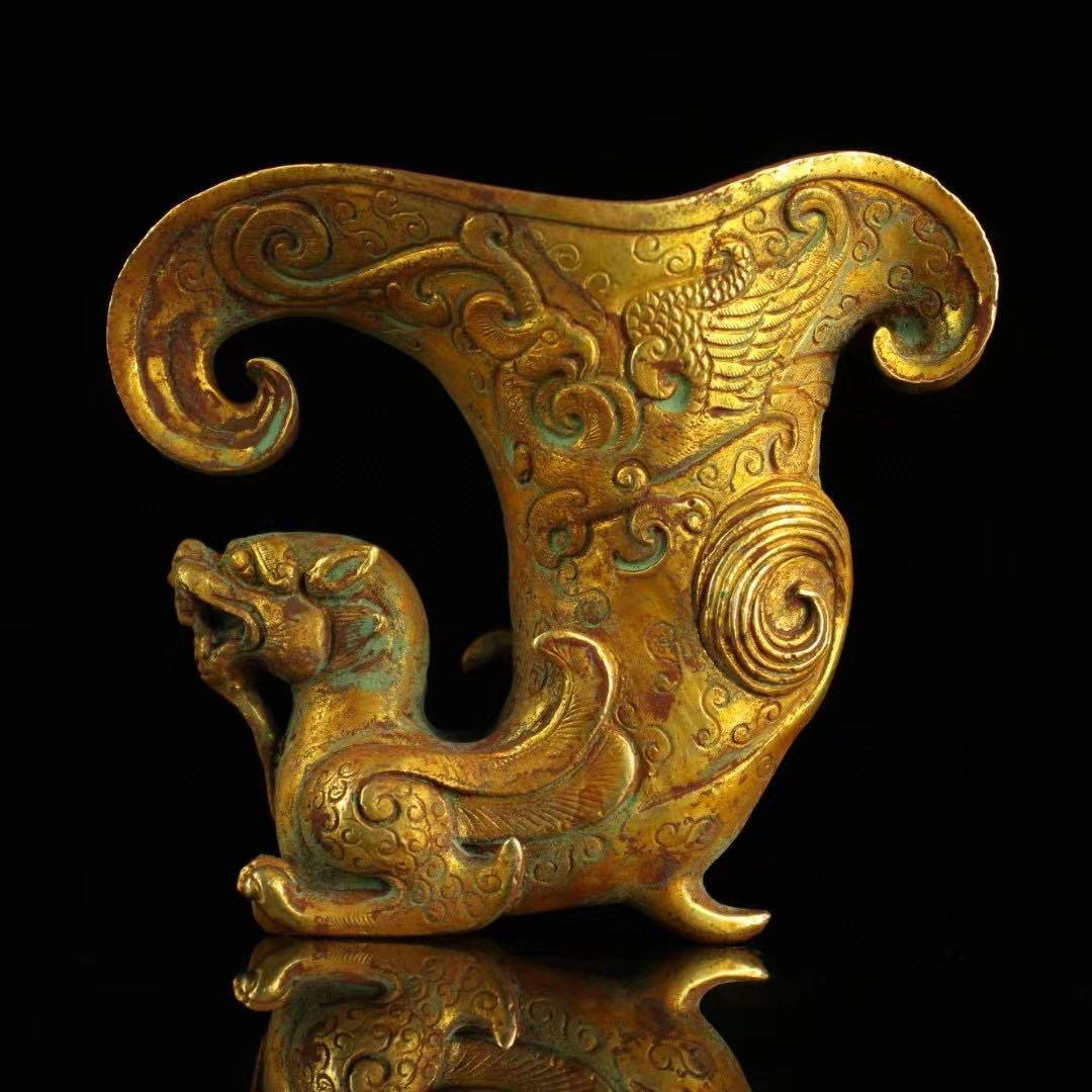 旧蔵、田舎入手、精銅、鎏金爬獣杯