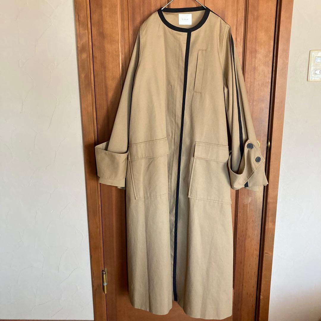 Limue ロングコート　ワイドスリーブ　ノーカラー　パイピングコート　F