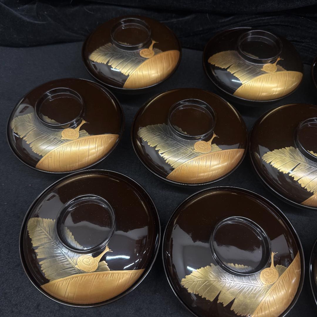 木製漆塗 蒔絵 吸物椀５客 時代物 輪島塗 漆器　葉っぱ　カタツムリ共箱