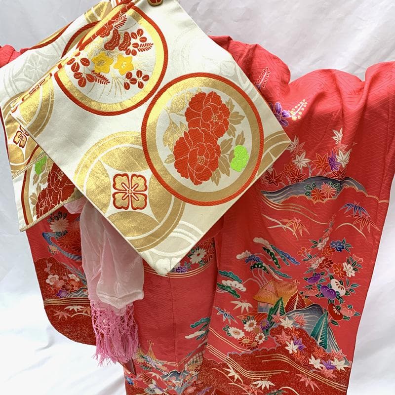 505ag52□七五三 七歳 女児 着物&袋帯 金彩 鶴 建物文□美品