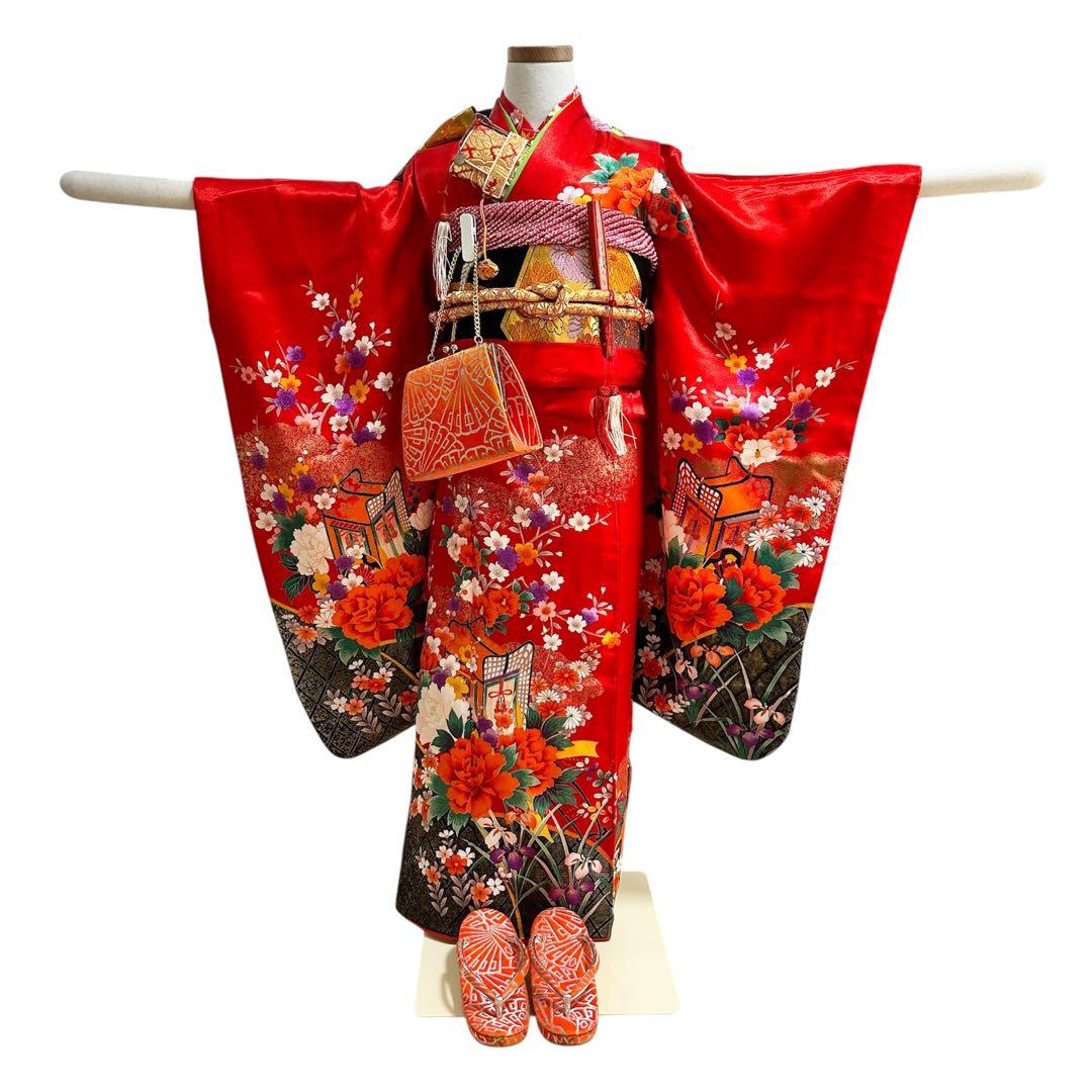 着物　七五三　7歳　女の子　13点　フルセット　赤色　御所車　四季草花　金彩