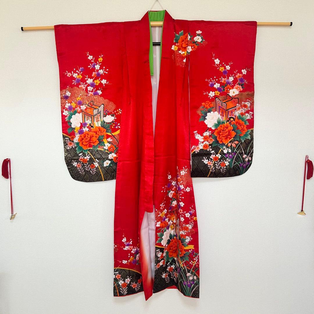 着物　七五三　7歳　女の子　13点　フルセット　赤色　御所車　四季草花　金彩
