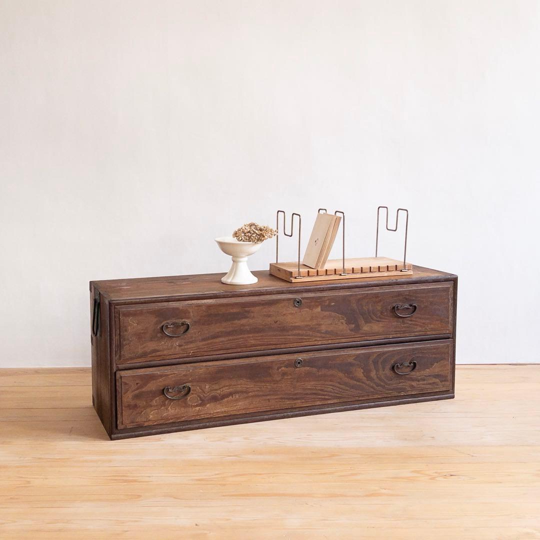 ローボード　無垢材　木製　収納棚　2段　古道具　古家具　ビンテージ　アンティーク