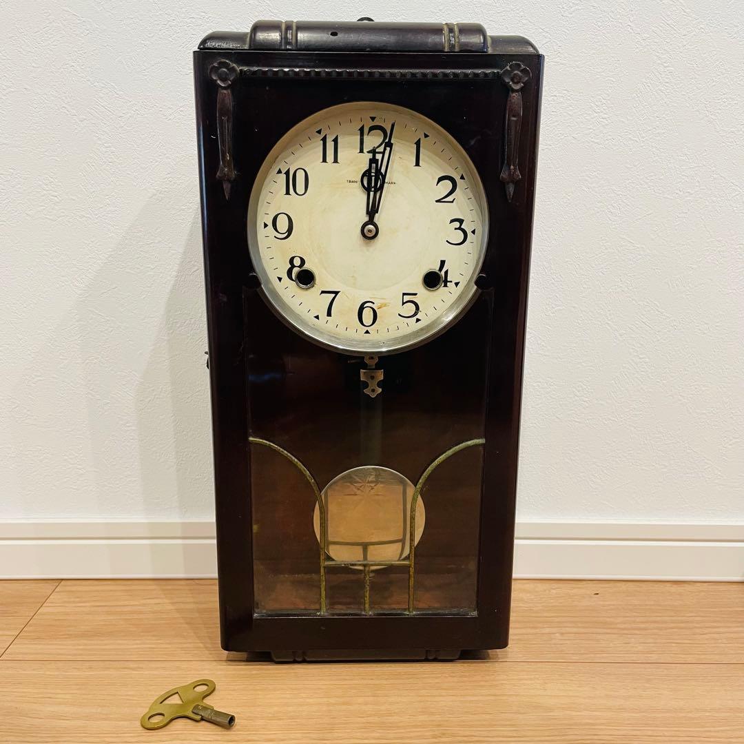 昭和レトロ アンティーク 津田時計 振り子時計 木製枠 掛時計 ゼンマイ式