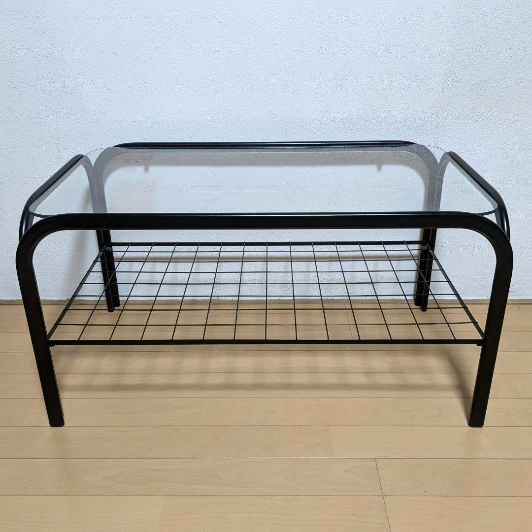 昭和レトロ ガラス アイアンフレーム ローテーブル 網棚付き ブラック 黒