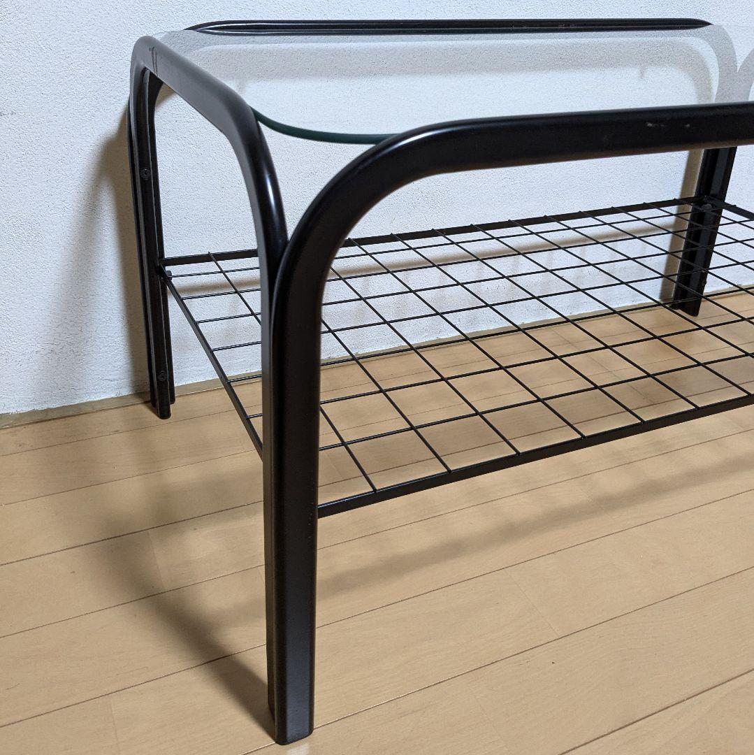 昭和レトロ ガラス アイアンフレーム ローテーブル 網棚付き ブラック 黒
