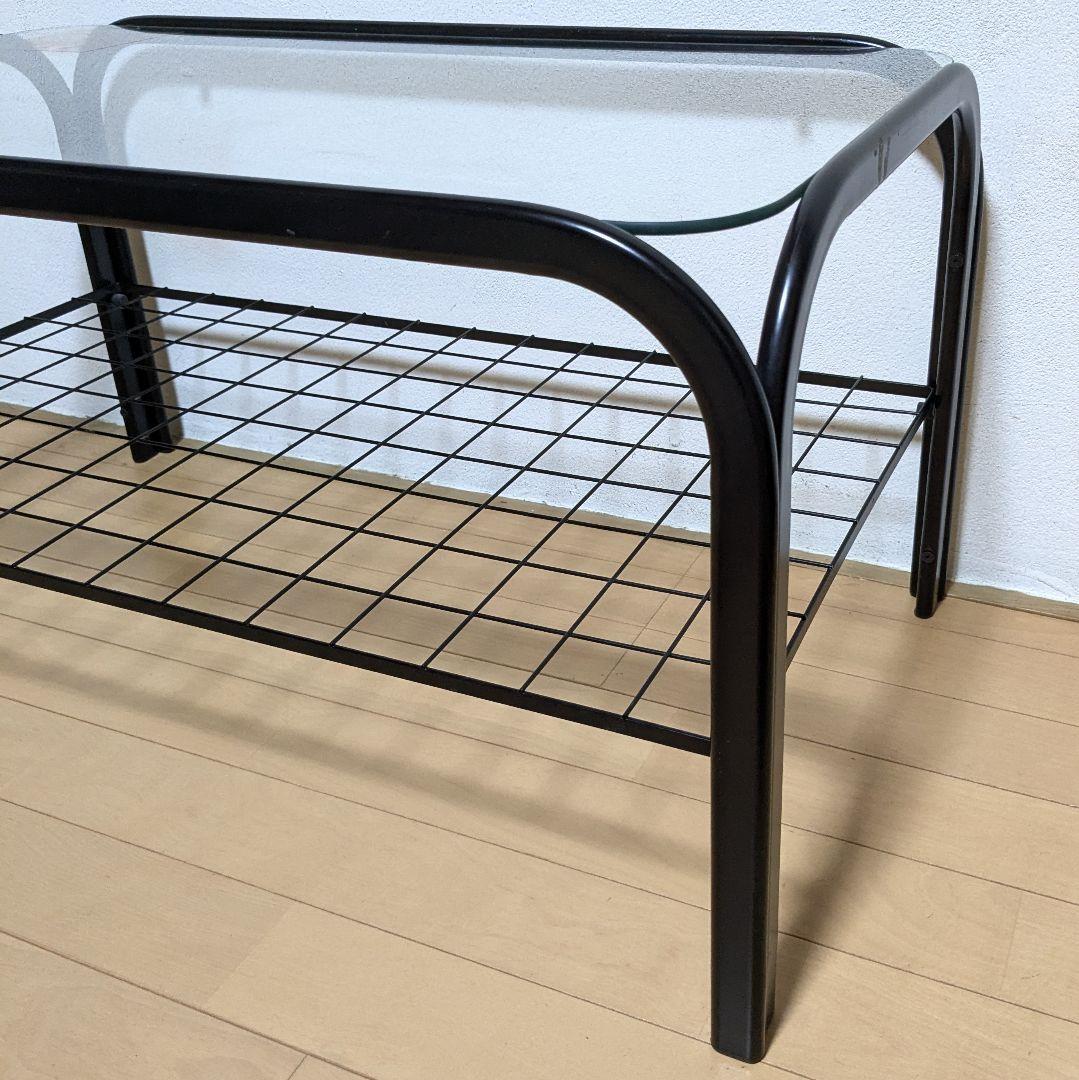 昭和レトロ ガラス アイアンフレーム ローテーブル 網棚付き ブラック 黒
